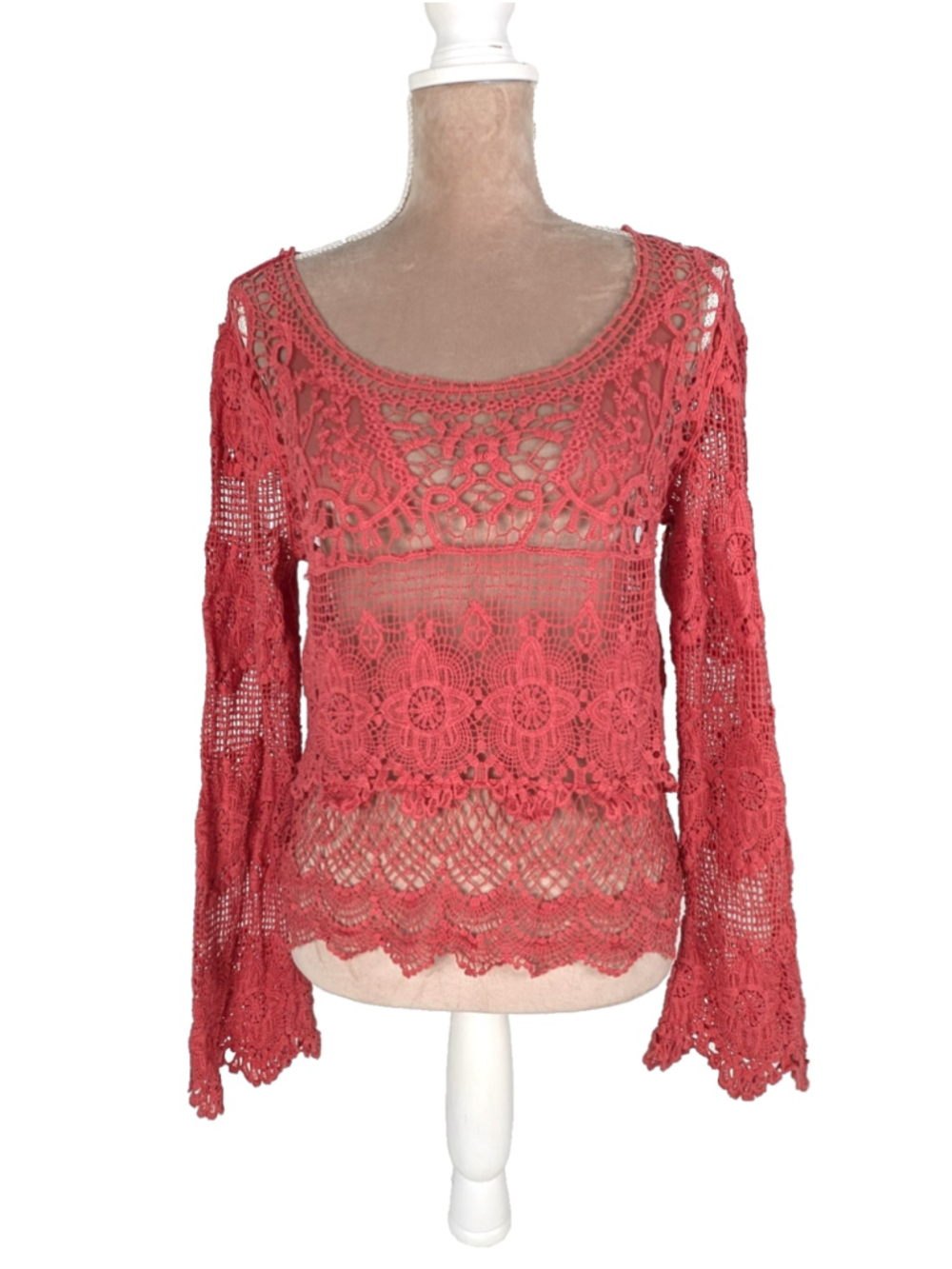 Floral Crochet Macrame Lace Top Sheer Sz S M Bell Sleeve Boho Festival Fairy